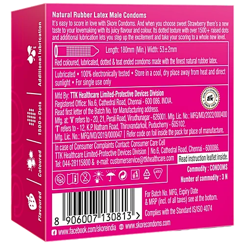 Skore Dotted & Colored Condoms - Strawberry Flavored, 3 pcs - Image 2