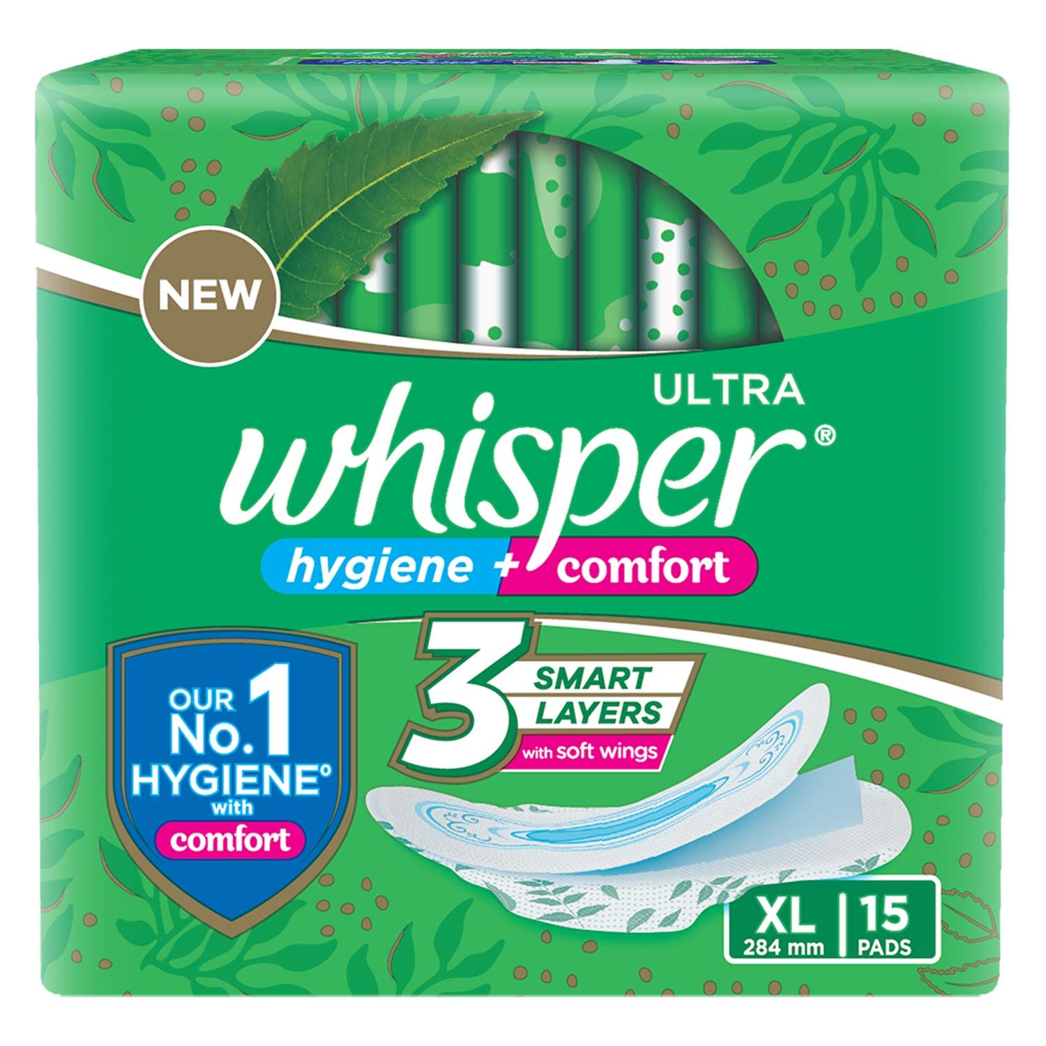 WHISPER ULTRA HYGIENE+COMFORT SANITARY PADS 15 XL PADS FOR HEAVY FLOW LONG LASTING PROTECTION LOCKS ODOUR & WETNESS DRY TOP SHEET DISPOSABLE WRAPPER