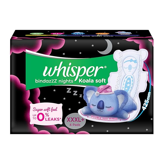 WHISPER BINDAZZZ NIGHTS KOALA SOFT SANITARY PADS, 4 XXXL+ PADS, LONGER & WIDER BACK, SUPER SOFT TOPSHEET, DOUBLE HUG WINGS, DISPOSABLE WRAPPER for women, Pack of 1