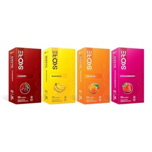 Skore Fruit Basket Condoms Combo | Flavoured - Orange, Banana, Cherry & Strawberry | Coloured) - 10 Pieces, Pack of 4